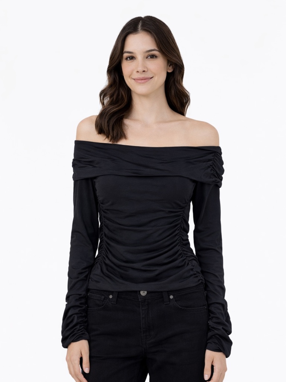 White Fox Off Shoulder Ruched Top XS Black Long Sleeve Going Out Y2K NWT